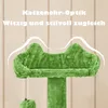 A close-up of a green cat tree with cat ear-shaped platforms and text overlays. Podgląd zdjęcia produktu