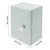 A gray metal electrical junction box with a key lock is shown against a white background, with dimensions indicated by text overlays. Náhled obrázku produktu