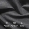 A close-up of dark gray fabric with three icons and text describing product features. Produktbild-Vorschau