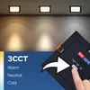 A hand is shown adjusting a control panel with options for light color temperature, while three ceiling lights display different color temperatures. Anteprima dell’immagine prodotto