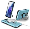 A collage of three images showing a light blue phone case from different angles, including one with a ring stand and another with a magnetic charger.