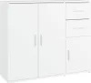 A white sideboard with two doors on the left and three drawers and one door on the right, presented on a plain white background. Produktbild-Vorschau