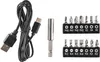 A collection of tools and accessories for an electric screwdriver, including a USB charging cable, a magnetic bit holder, and two sets of screwdriver bits. Produktbild-Vorschau