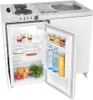 A compact kitchen unit with a refrigerator, sink, and stovetop, with the refrigerator door open showing food and drinks inside. Podgląd zdjęcia produktu