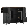 A black kitchen island with a wooden top and open doors, showing shelves and drawers, on wheels. Anteprima dell’immagine prodotto