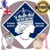 A collage-style marketing image for a perfume brand, featuring two perfume bottles, a map of the UK with the Union Jack, and a royal crest with the profile of Queen Elizabeth II. Anteprima dell’immagine prodotto