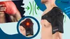 A man wearing a black shoulder brace, with inset images showing a painful shoulder and the brace with a pain indicator. Anteprima dell’immagine prodotto