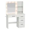 A white vanity table with a lighted mirror and storage shelves and drawers. Voir les images du produit