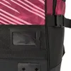 A close-up view of a backpack with a pink and magenta striped pattern and black fabric. Produktbild-Vorschau