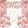 Rosenquarz Happy Birthday Luftballon-Banner mit Stern- und Herzballons, Rosenquarz-Folienvorhängen und einer Mischung aus Rosenquarz, weißen und Konfetti-Luftballons Náhled obrázku produktu