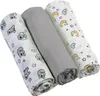 Three rolled-up baby blankets are displayed diagonally against a white background. Two of the blankets have a pattern of koala bears and stars, while the middle blanket is a solid gray. Produktbild-Vorschau