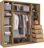 A well-organized wardrobe with clothes hanging and folded, along with storage boxes and bags. Produktbild-Vorschau