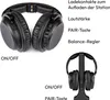 A pair of black over-ear headphones and their charging stand are shown with labels indicating their functions. Produktbild-Vorschau