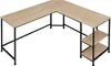 An L-shaped desk with a wood-tone surface and black metal legs, featuring two shelves on one side. Voir les images du produit