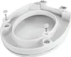 A white toilet seat with mounting hardware, shown from a diagonal top-down perspective. Produktbild-Vorschau