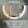 Collage of three images showing a round LED mirror with different light settings, with a color temperature slider and feature icons below. Voir les images du produit