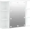 A white mirrored cabinet with LED lights and shelves. Voir les images du produit