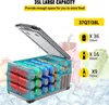 A portable refrigerator filled with cans and bottles, surrounded by ice cubes, with text overlays indicating capacity and dimensions. Voir les images du produit