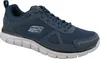 A side view of a navy blue Skechers athletic shoe. Voir les images du produit