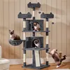 A multi-level cat tree with several cats interacting with it, set against a wood-paneled wall. Produktbild-Vorschau