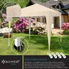 A beige pop-up gazebo set up in a garden with blooming pink bushes and a house in the background. Close-up insets show details of the gazebo's fabric and leg attachments. Produktbild-Vorschau