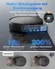 A robot vacuum cleaner is shown cleaning a floor, with text highlighting its features. Produktbild-Vorschau
