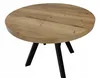 A round coffee table with a wood-look top and black metal legs, isolated on a white background. Náhled obrázku produktu