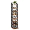 A tall, narrow shoe rack with eight wooden shelves and black metal supports, displaying various shoes on each shelf. A small plant sits on the top shelf. Produktbild-Vorschau