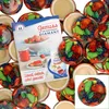 A collage of jar lids with fruit designs and a brochure for jam. Produktbild-Vorschau