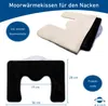 A product image showing a neck pillow with dimensions and a close-up of the pillow with its cover. Produktbild-Vorschau