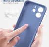 A hand is touching the inside of a blue phone case, with cotton balls in the background. Produktbild-Vorschau