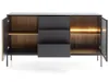 A modern sideboard with open doors and drawers, showcasing its interior and LED lighting. Produktbild-Vorschau