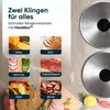 A collage of food items and kitchen appliance blades, with text describing versatility. Produktbild-Vorschau