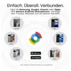 Collage showing compatibility of an Android device tracker with various Android smartphones and app store logos. Produktbild-Vorschau