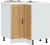 A white corner kitchen cabinet with two wooden doors and black handles, standing on black legs. Podgląd zdjęcia produktu