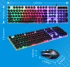 A gaming keyboard and mouse set with RGB backlighting, shown with dimensions indicated by measurement lines and text. Produktbild-Vorschau