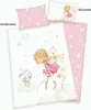A flat lay of a fairy-themed duvet cover and pillowcase set, featuring a fairy and a bunny on clouds, with stars scattered across the fabric. The set is shown unfolded, with a pillow and a portion of the duvet cover visible. Produktbild-Vorschau