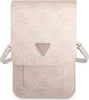 A pink Guess handbag with a repeating 'G' logo pattern and a triangular Guess logo emblem. Náhled obrázku produktu