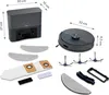 A robot vacuum cleaner and its accessories are displayed with dimensions indicated. Produktbild-Vorschau