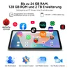 A tablet displaying various app icons and marketing text about its features. Produktbild-Vorschau