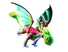 A toy dragon with a rider on its back, flying against a white background. Produktbild-Vorschau