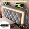 A bed headboard with integrated LED lighting and charging ports, with icons indicating features. Náhľad obrázku produktu
