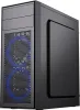 A black computer tower case with blue internal lighting. Produktbild-Vorschau