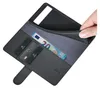 A hand is shown holding open a black leather wallet-style phone case, revealing credit cards and a 20 Euro banknote inside. Produktbild-Vorschau