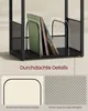 A close-up view of a black record player stand with records inside, highlighting its features with text overlays and detail shots. Produktbild-Vorschau