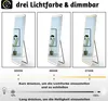 Three different lighting color temperatures of a full-length mirror are shown side-by-side, with explanations of how to adjust the light color and brightness. Produktbild-Vorschau