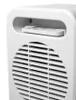 A close-up view of the top section of a white ceramic heater, showing a remote control stored in a recessed compartment above a circular grille. Voir les images du produit