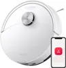 A white robot vacuum cleaner is shown from a slightly elevated angle, with a smartphone displaying a red icon with a white 'Z' in the lower right corner. Produktbild-Vorschau