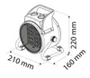 A technical drawing of a fan heater with dimensions indicated. Voir les images du produit