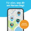 A smartphone displaying a map with location pins, overlaid with text and images. Produktbild-Vorschau